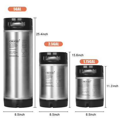 TWELVETAP 2.5Gal/9.5L Beer Keg Corny Tank 304 Stainless Steel Coke Syrup Milk Soda Barrel Rubber Handle Bucket Ball Lock Cornelius Style