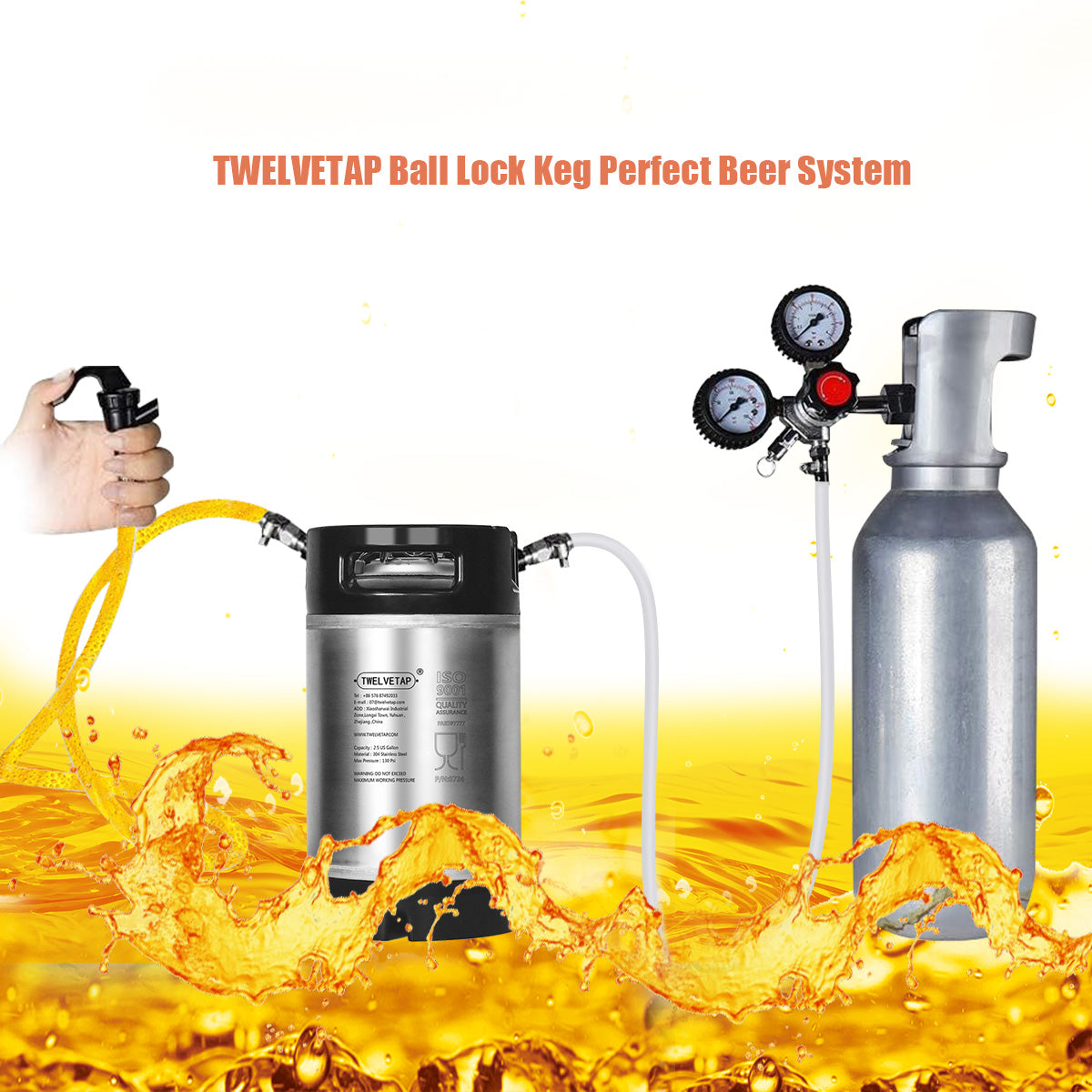 TWELVETAP 2.5Gal/9.5L Beer Keg Corny Tank 304 Stainless Steel Coke Syrup Milk Soda Barrel Rubber Handle Bucket Ball Lock Cornelius Style